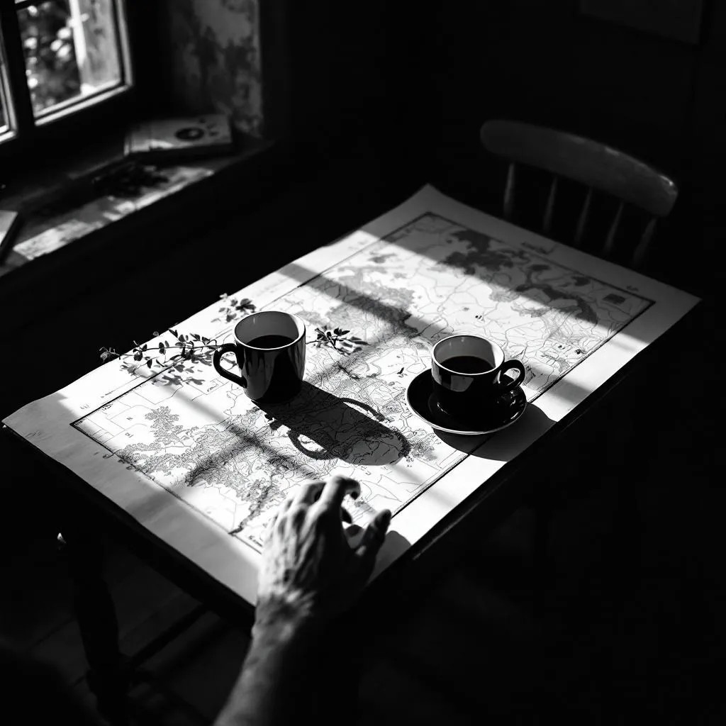 Mesa de reunión con café, cuadernos y dibujos comunitarios.