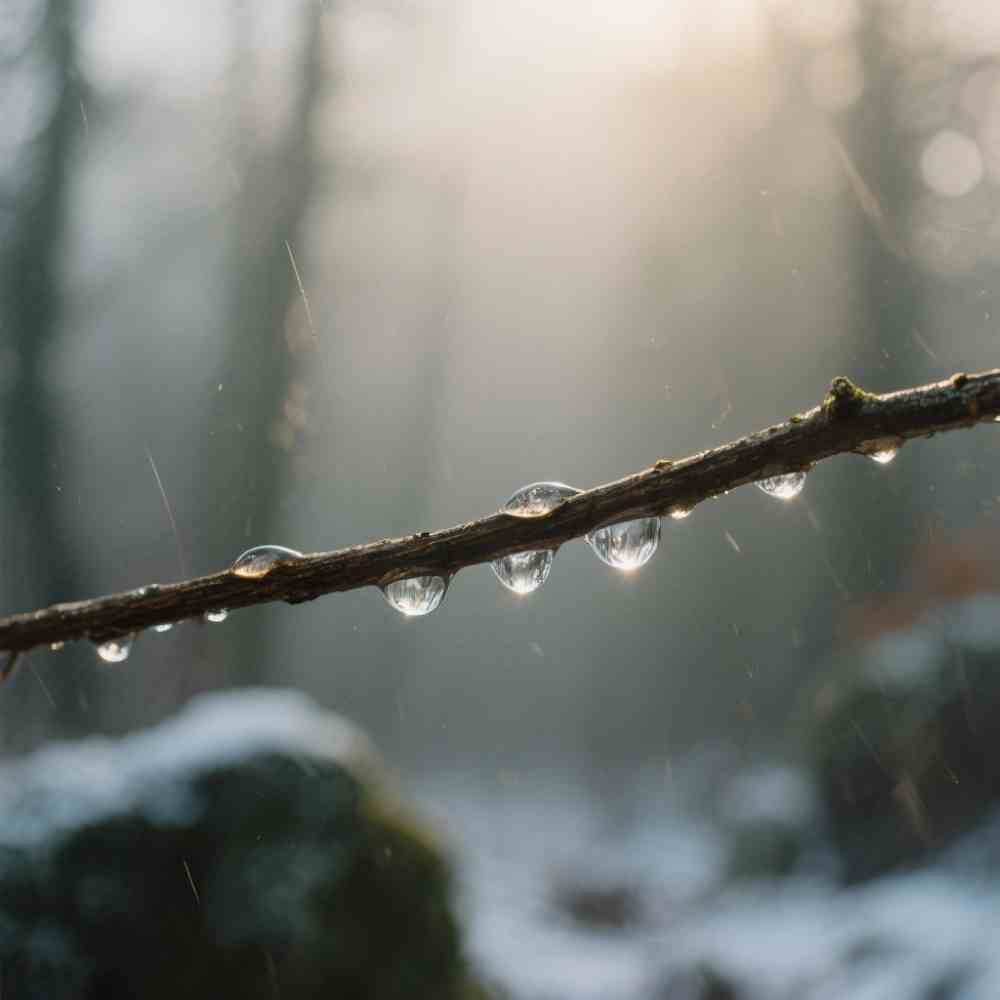 Macro de gotas de agua colgando de una rama fina con fondo desenfocado.