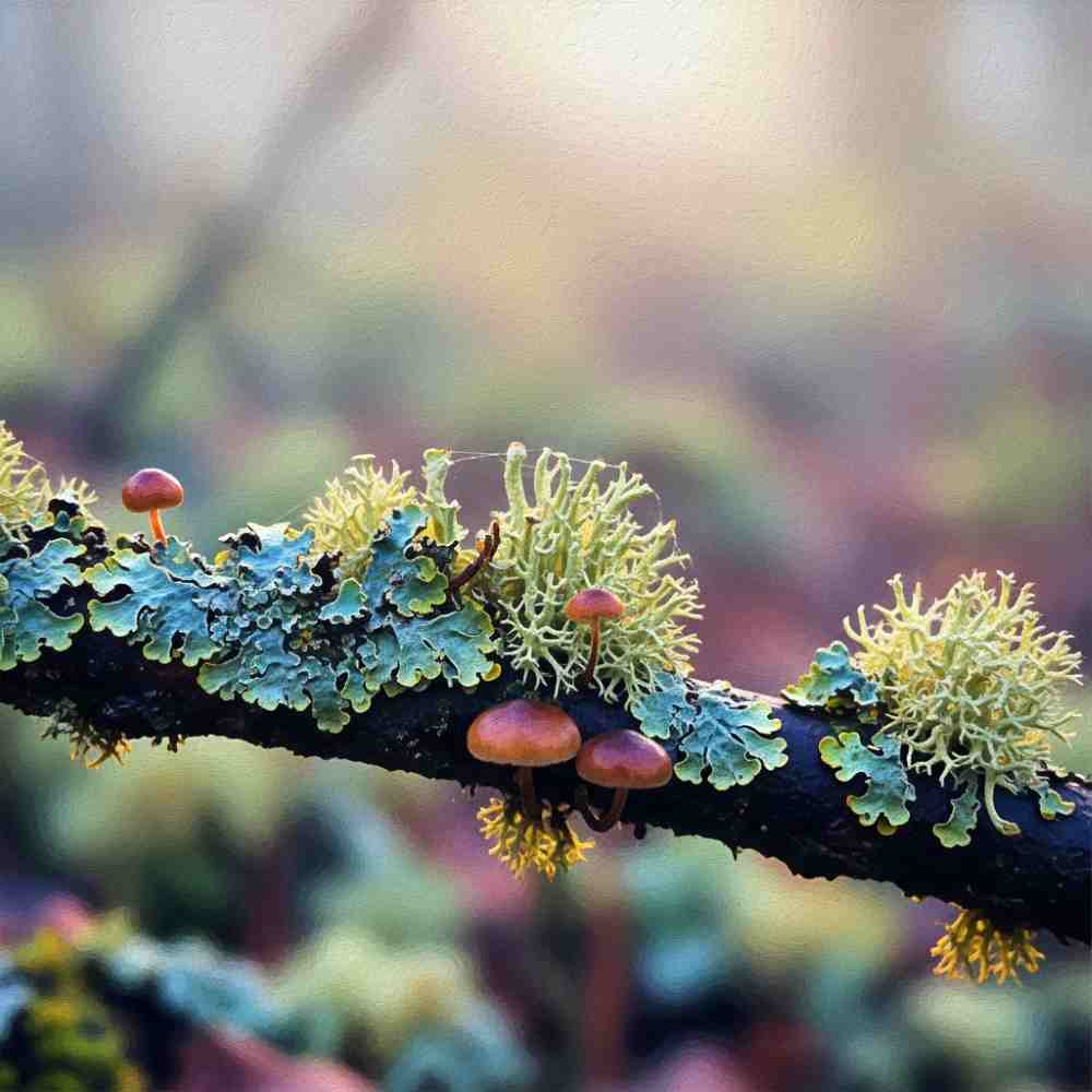Líquenes y pequeños hongos creciendo sobre una rama caída.