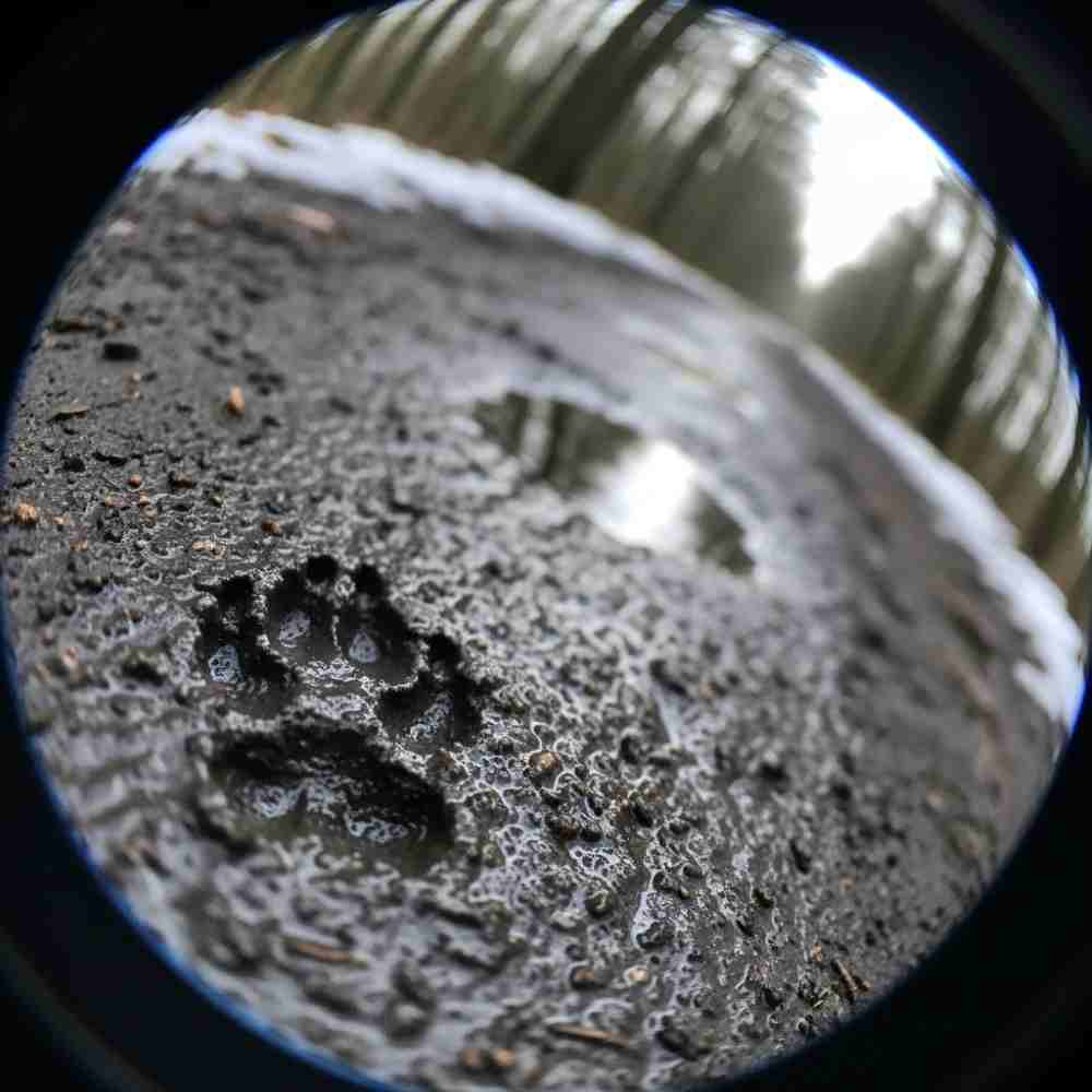 Huella de animal pequeña marcada en barro húmedo del bosque.