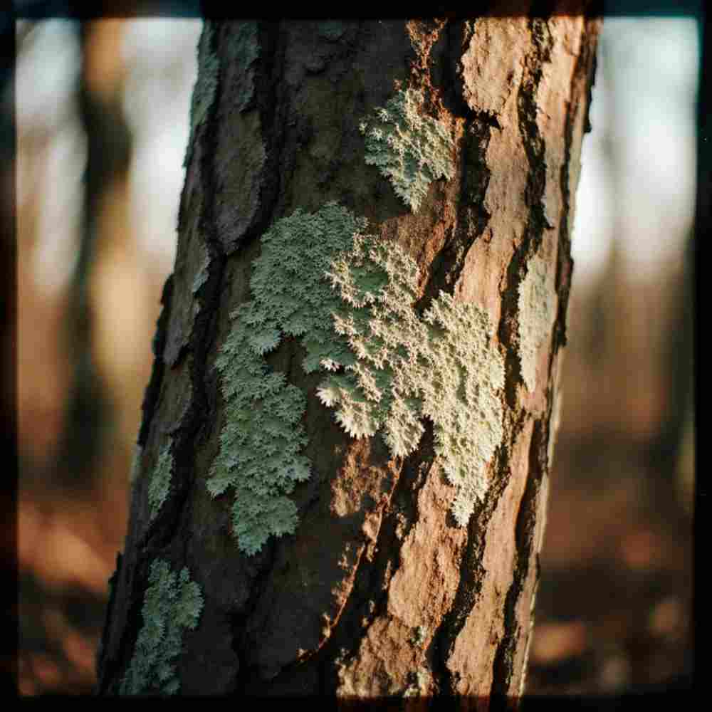 Corteza de roble cubierta de líquenes blancos y verdes en primer plano.