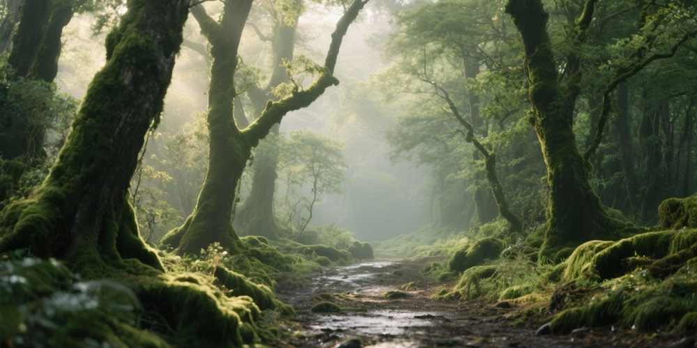 Bosque de Sucamiño cubierto de niebla suave al amanecer.