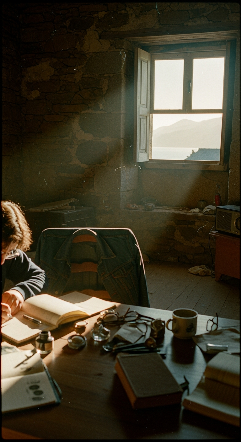 Artista escribiendo junto a ventana con luz natural.