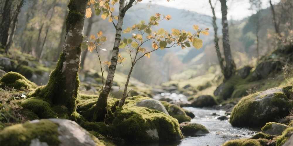 Robles y abedules jóvenes creciendo junto a un arroyo en el bosque Sucamiño.