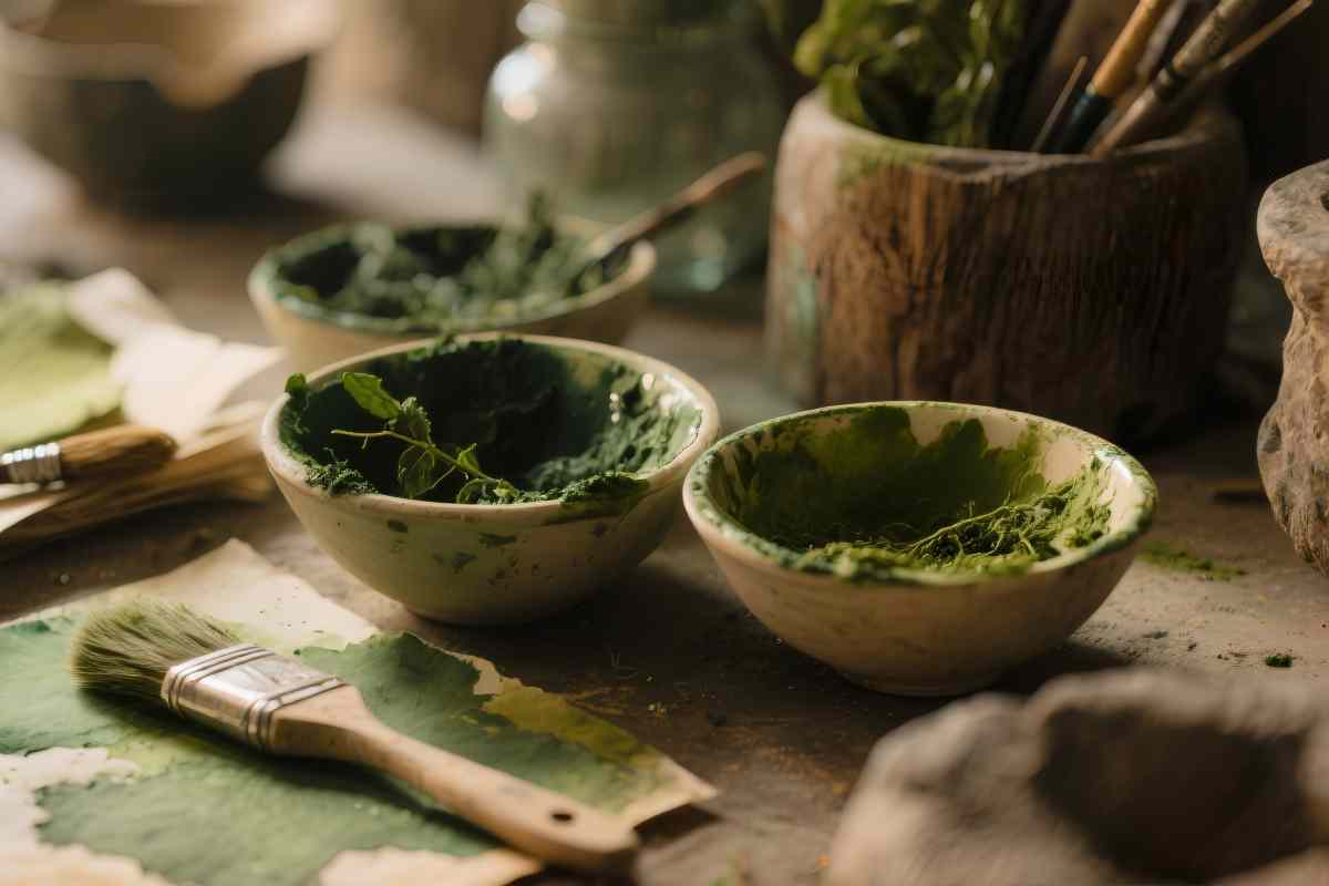 Mesa con tintes naturales hechos con flores y hojas en un taller creativo.