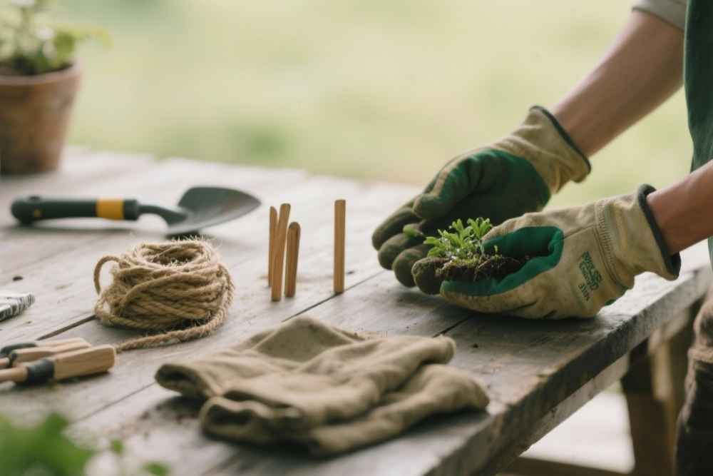 Manos organizando materiales de trabajo para una actividad de voluntariado en Sucamiño.