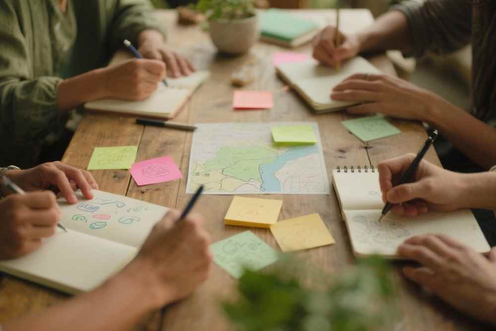 Personas planificando actividades en una mesa de trabajo comunitaria
