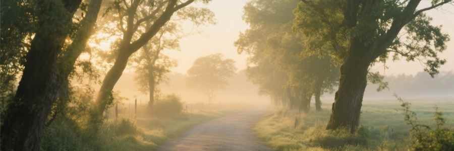 Camino entre árboles al amanecer representando la agenda de actividades de Sucamiño.